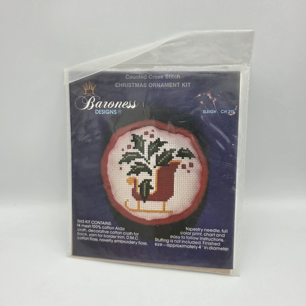 Vtg Baroness Designs Sleigh CH 125 Counted Cross Stitch Christmas Ornament 1981